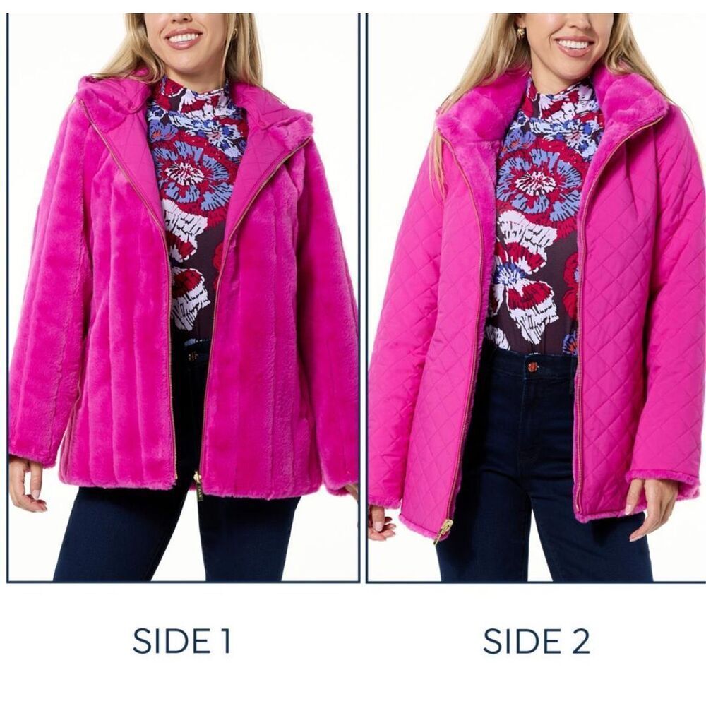 IMAN Faux Fur Coat fuchsia Reversible Hooded Quilted Jacket Womens Sz XS NWOT